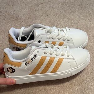 Adidas White and Gold Prime Sneakers